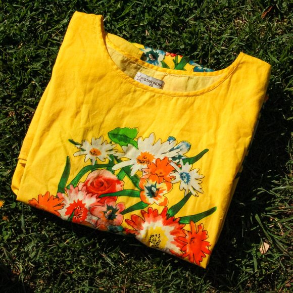 Yellow Screen Printed Chemise Aesthetic Mini Dress - Picture 3 of 13